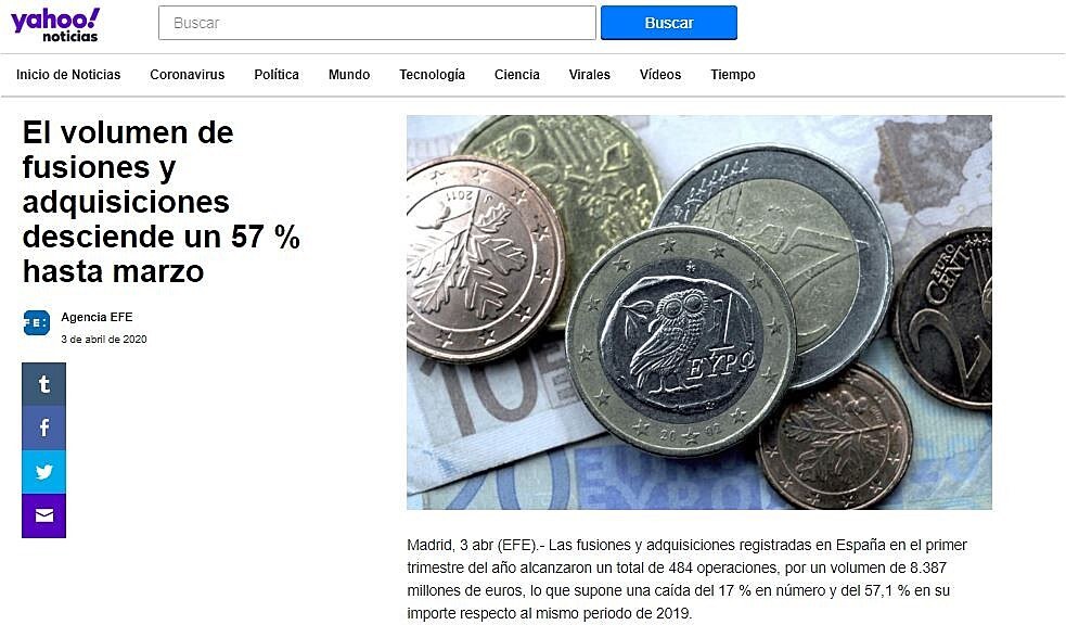 El volumen de fusiones y adquisiciones desciende un 57 % hasta marzo